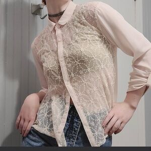 Abercrombie & Fitch Sheer Pink Lace Button Down Blouse Size M
